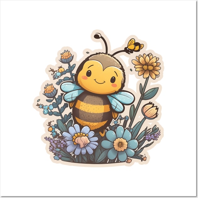 Adorable Bee with Flowers Cartoon Art Wall Art by MK3